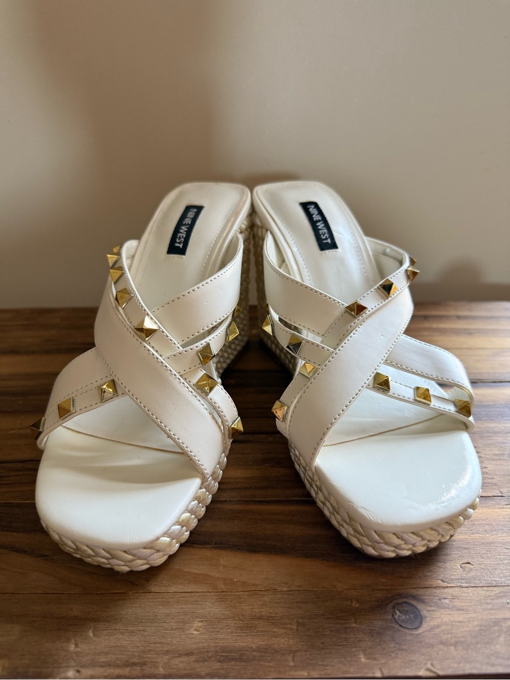 Nine West White Wedge Sandals with Gold Stud Accents